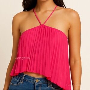 Luxxel Pink Asymmetrical Pleated Crop Halter Top Size M NWOT